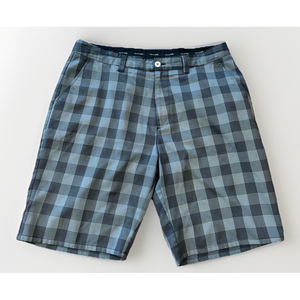 Mens Travis Mathew Golf Shorts Size 38x10.5 Gray Black Plaid Flat Front Chino‎